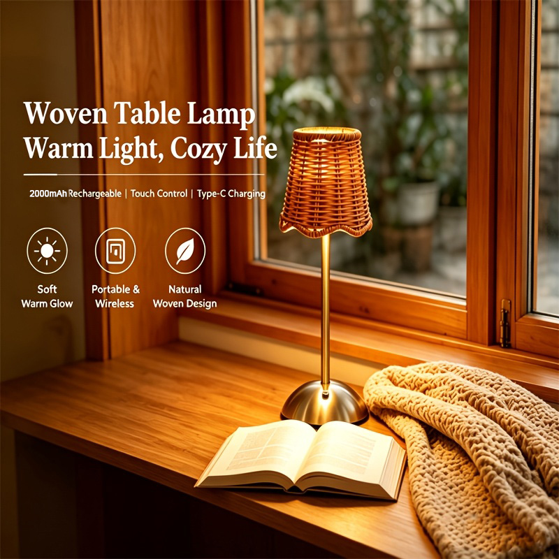 Desk Setup Lamp - Bohemian Woven Rattan Art Table Lamp