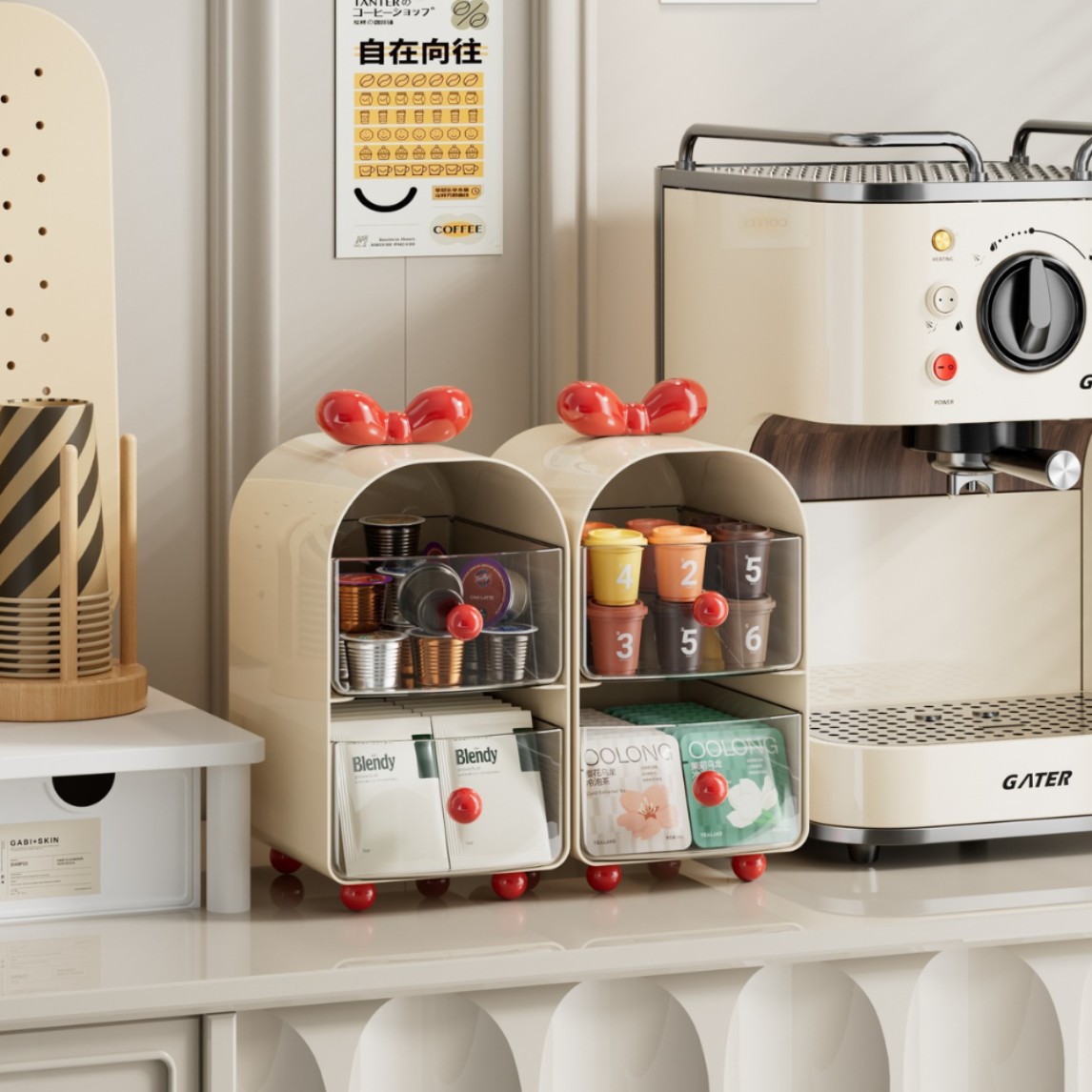 Desk Drawer Unit - Creamy Coffee Capsule Organizer, 2-Tier Drawer