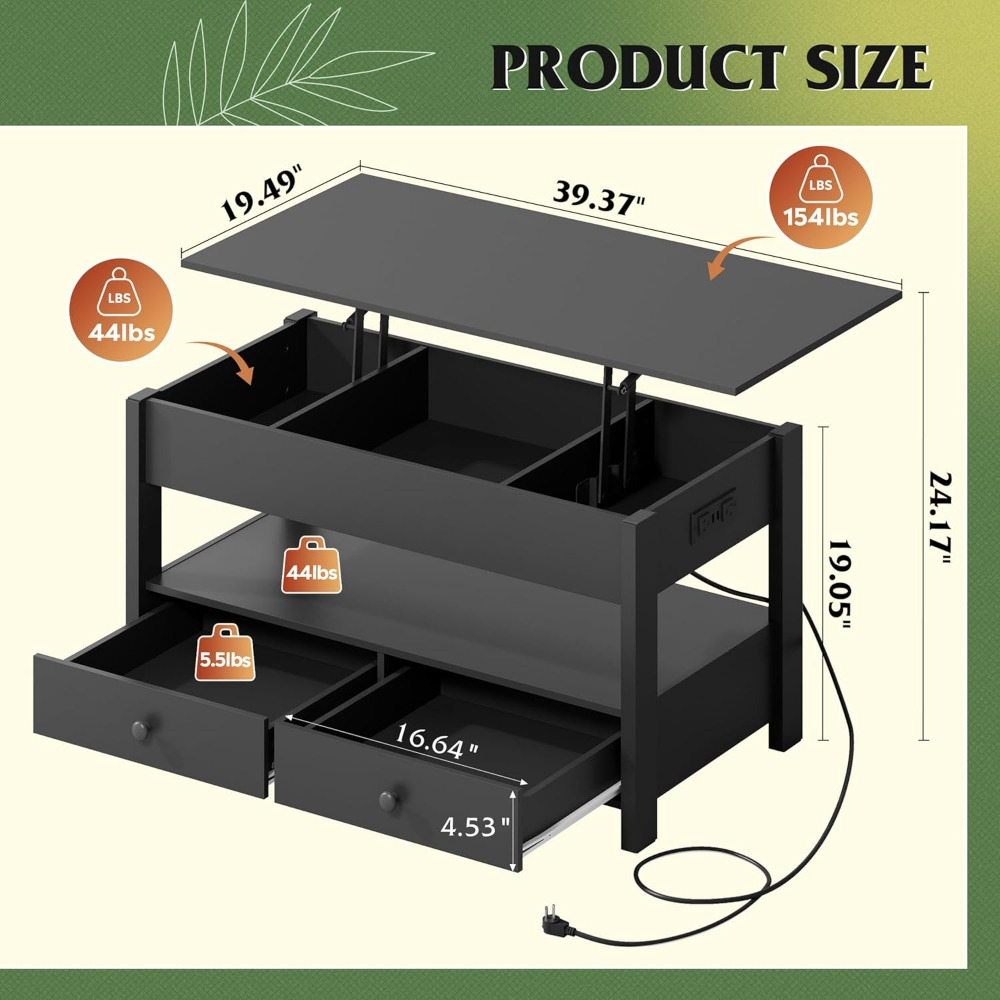WLIVE Black Lift Top Coffee Ta - Desk Drawer Unit ulasan dan harga